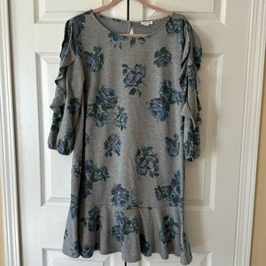 Westport blue floral gray sweatshirt drop waist ruffle dress Large